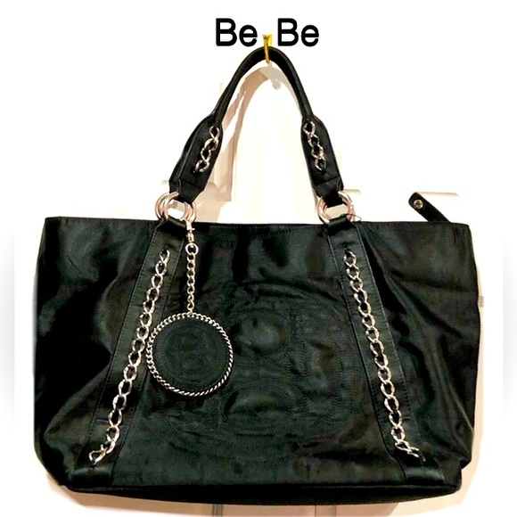🦋BeBe large oversized black tote with round chained charm size 20x12 preowned - Picture 12 of 12